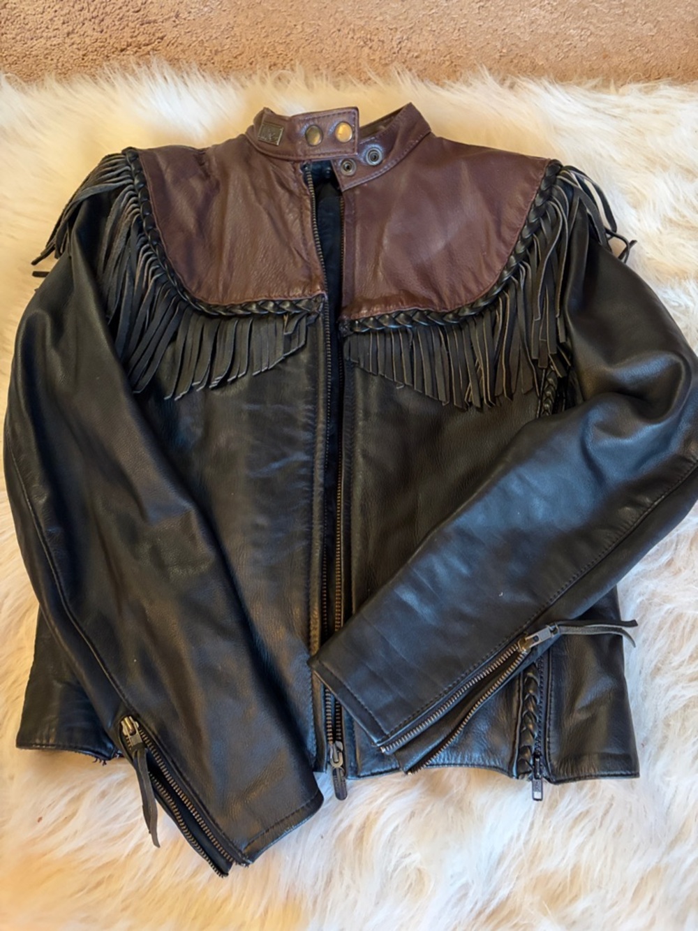 Vintage Harley-Davidson Willie G. Black Leather Jacket with Brown Fringed Yoke